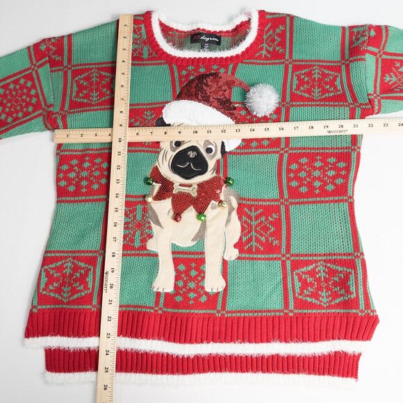 33 Degrees Pug Dog Ugly Christmas Sweater Womens XL Sequins Jingle Bells Holiday - Picture 4 of 16
